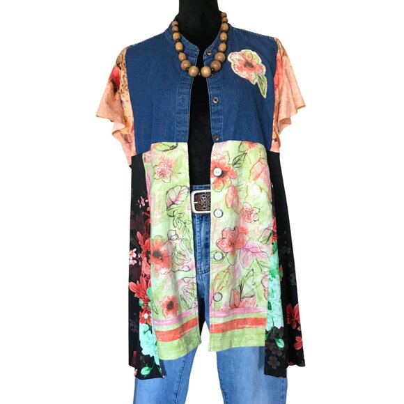 Handmade Boho Patchwork Duster, Size L-XL: Upcycled Hippie Tunic - Picture 1 of 16